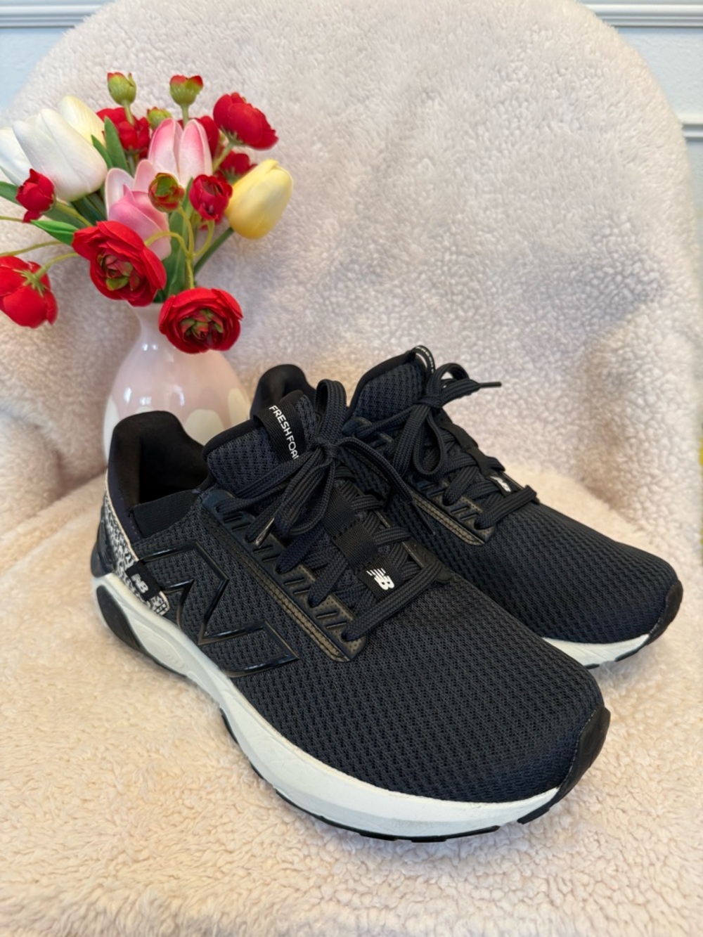New Balance Black and White Mesh Athletic Sneakers